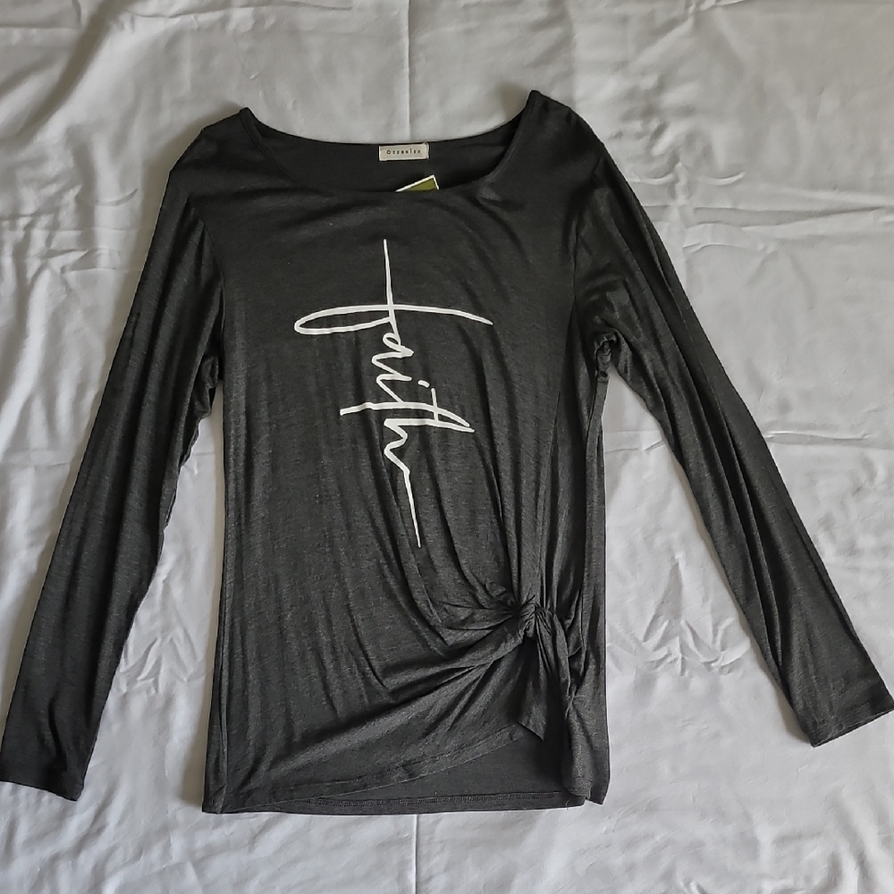 Occasion Gray Long Sleeve Top with White Script